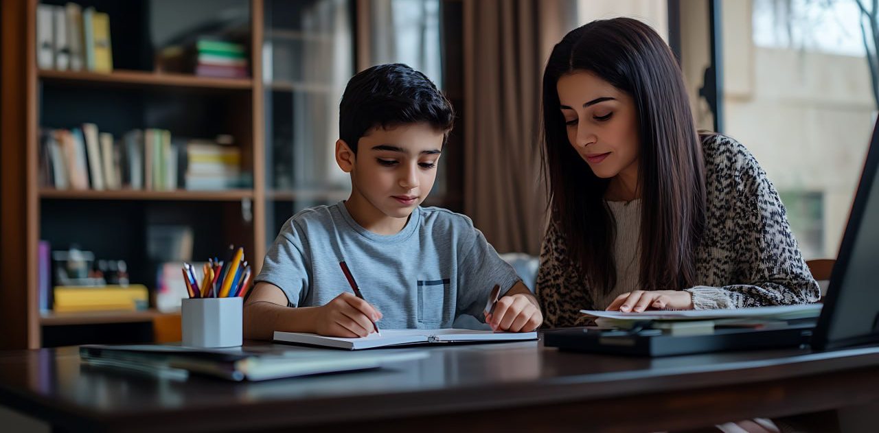 An Ace home tutor guiding a student through schoolwork at home in Navi Mumbai