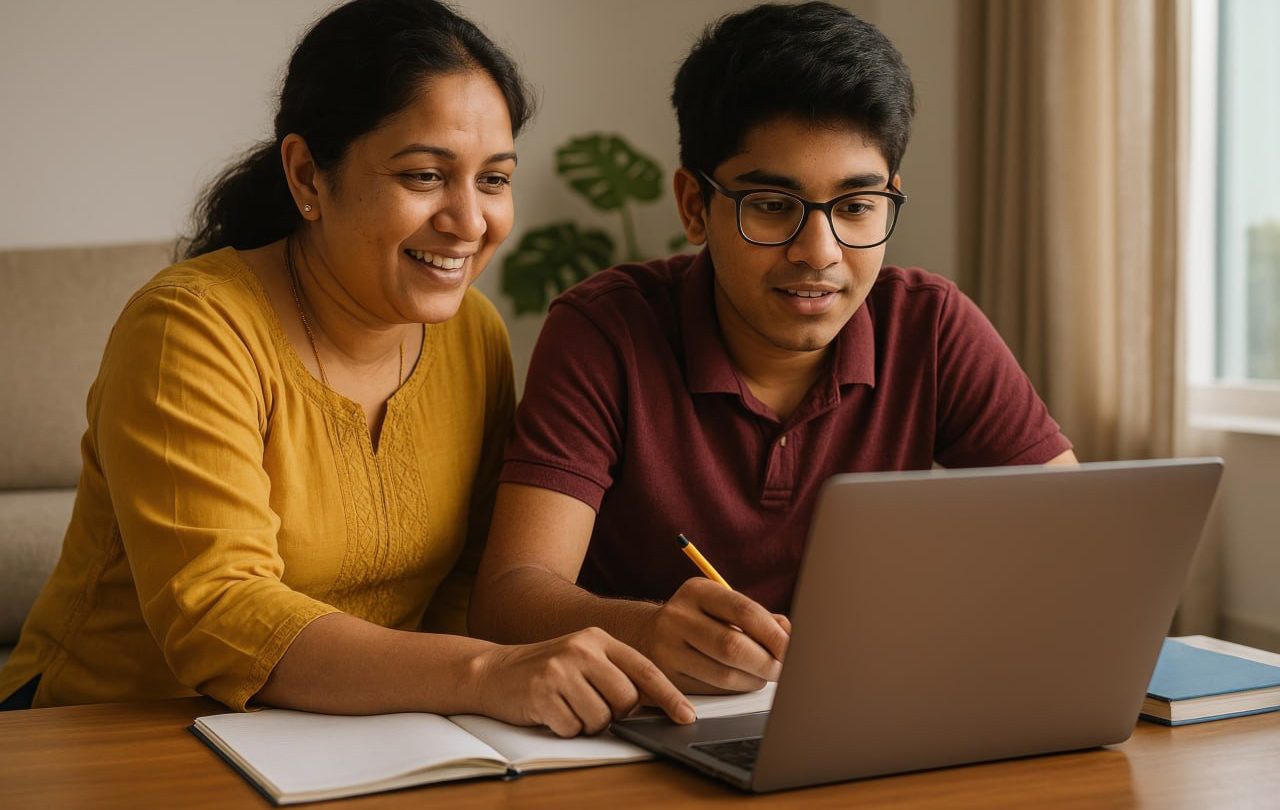A mother and her son studying together during a home tuition session